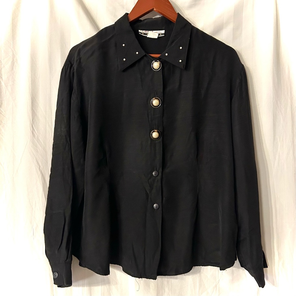 Vintage Black Button Down Shirt with Pearl Details